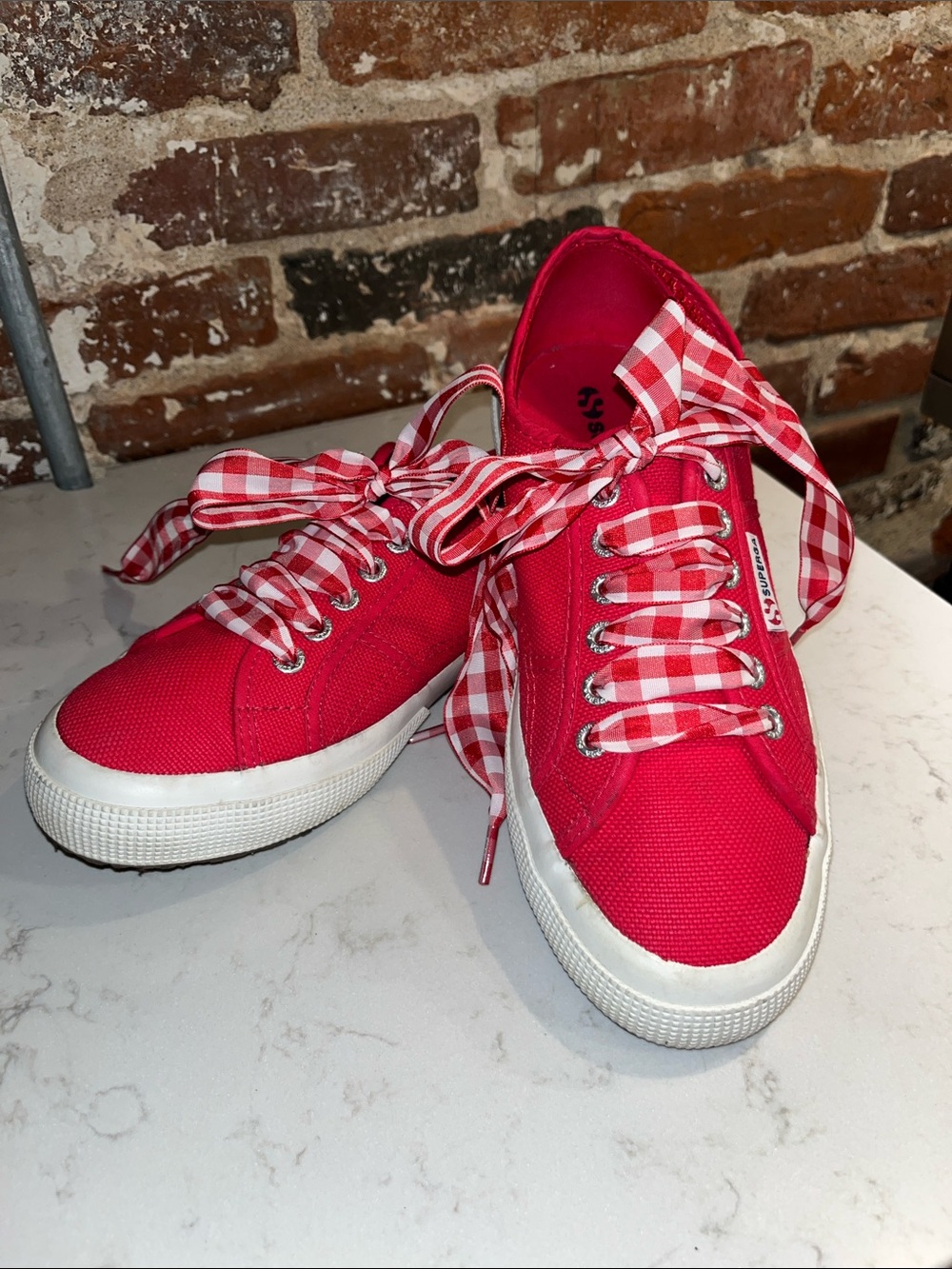 Superga women’s Red Canvas Sneakers with Gingham Ribbon Laces